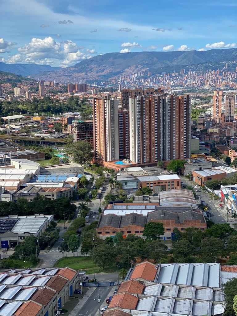 Aerial view of Medellín, Colombia with mountains